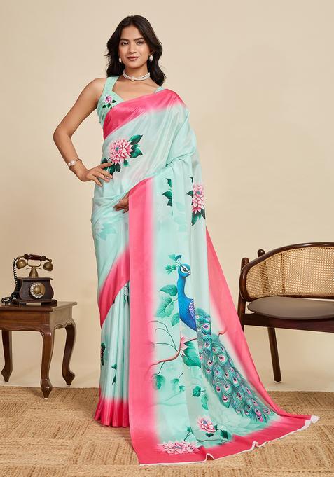 light peach Printed Chinnon Saree Set