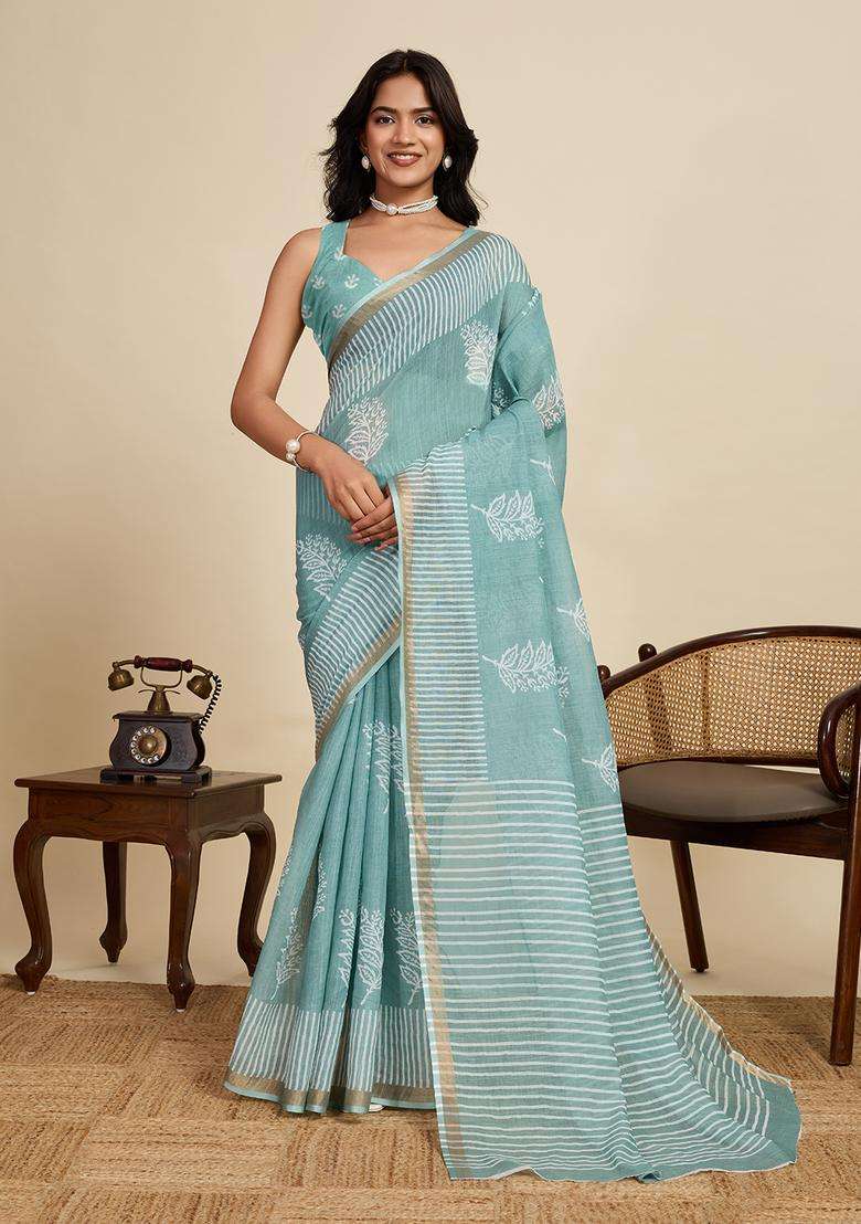 white Zari Work Poly Blended Saree Set - Indya