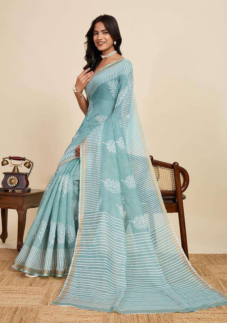 white Zari Work Poly Blended Saree Set - Indya