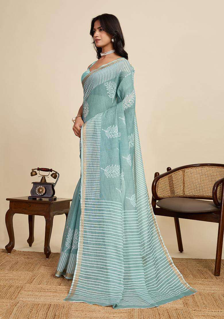 white Zari Work Poly Blended Saree Set - Indya