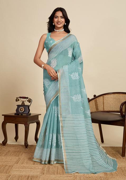 white Zari Work Poly Blended Saree Set