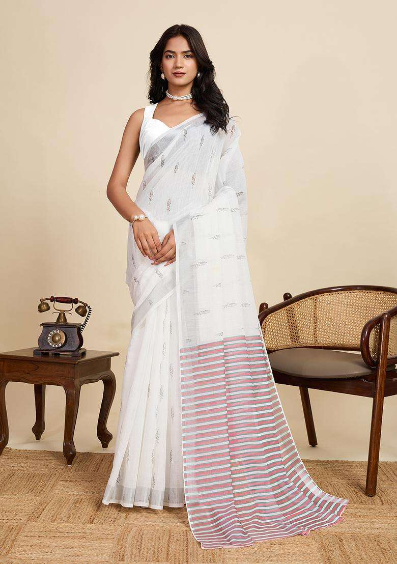 Peach Zari Work Poly Blended Saree Set - Indya