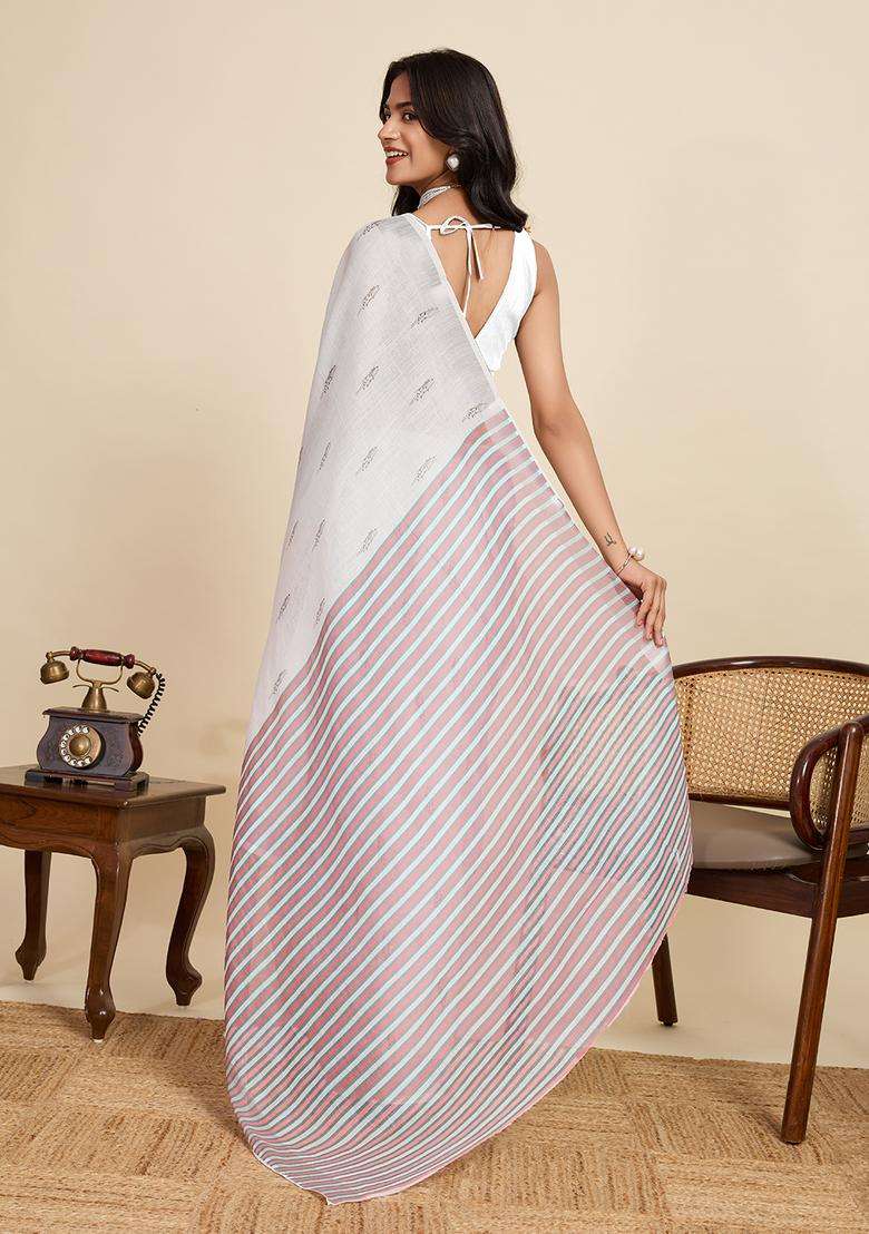 Peach Zari Work Poly Blended Saree Set - Indya
