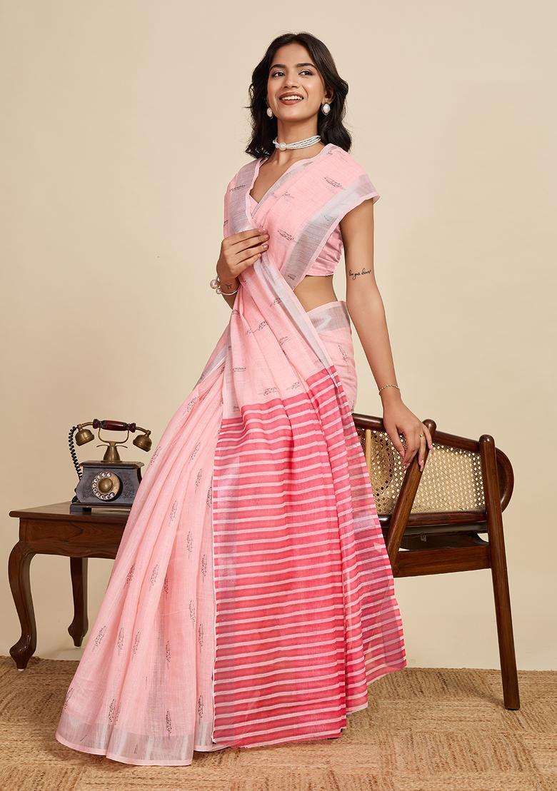 Pink Zari Work Poly Blended Saree Set - Indya