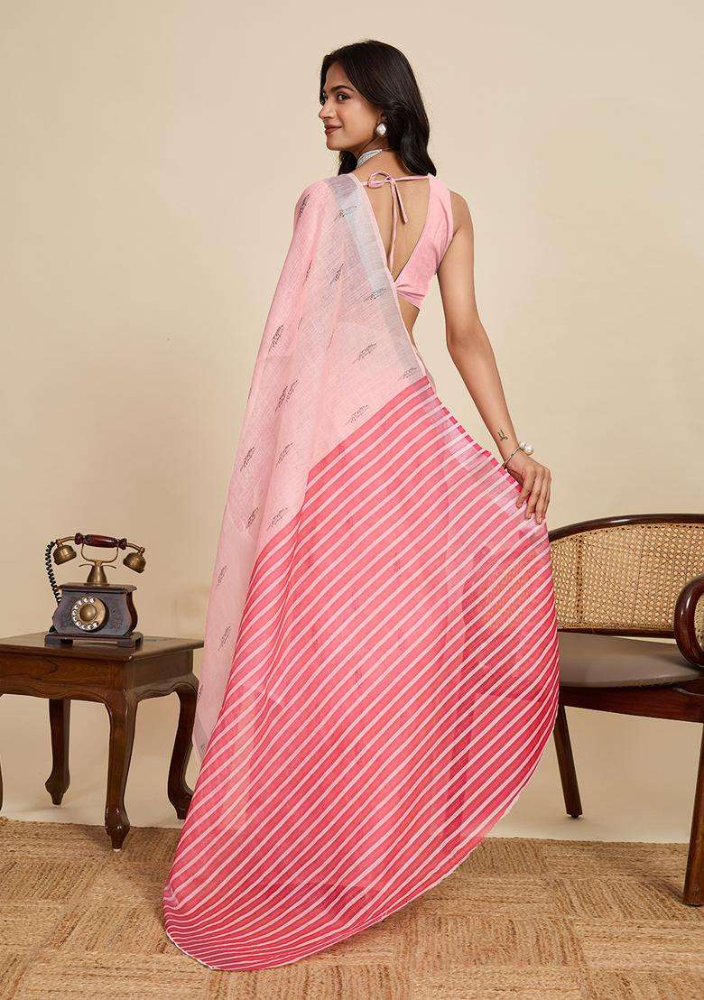 Pink Zari Work Poly Blended Saree Set - Indya