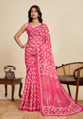 red Zari Work Poly Blended Saree Set