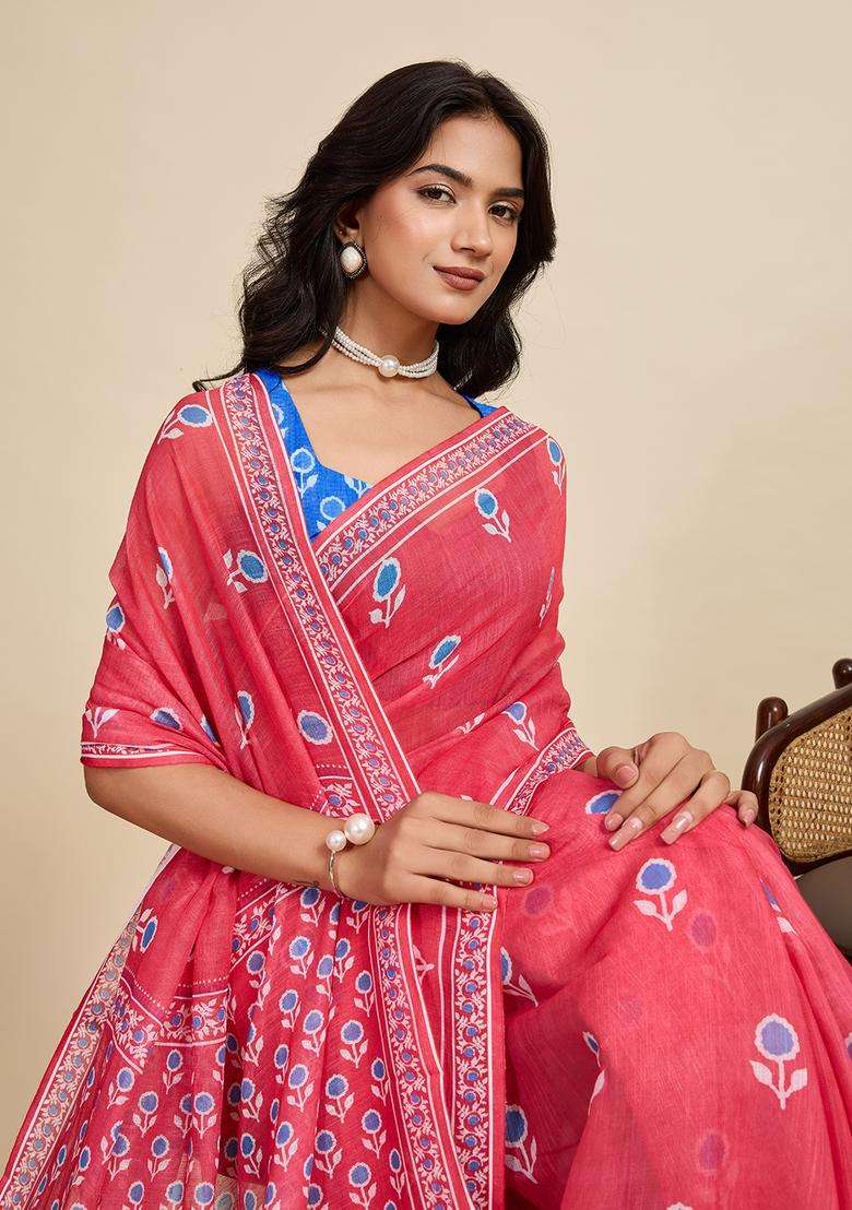 Pink Zari Work Poly Blended Saree Set - Indya