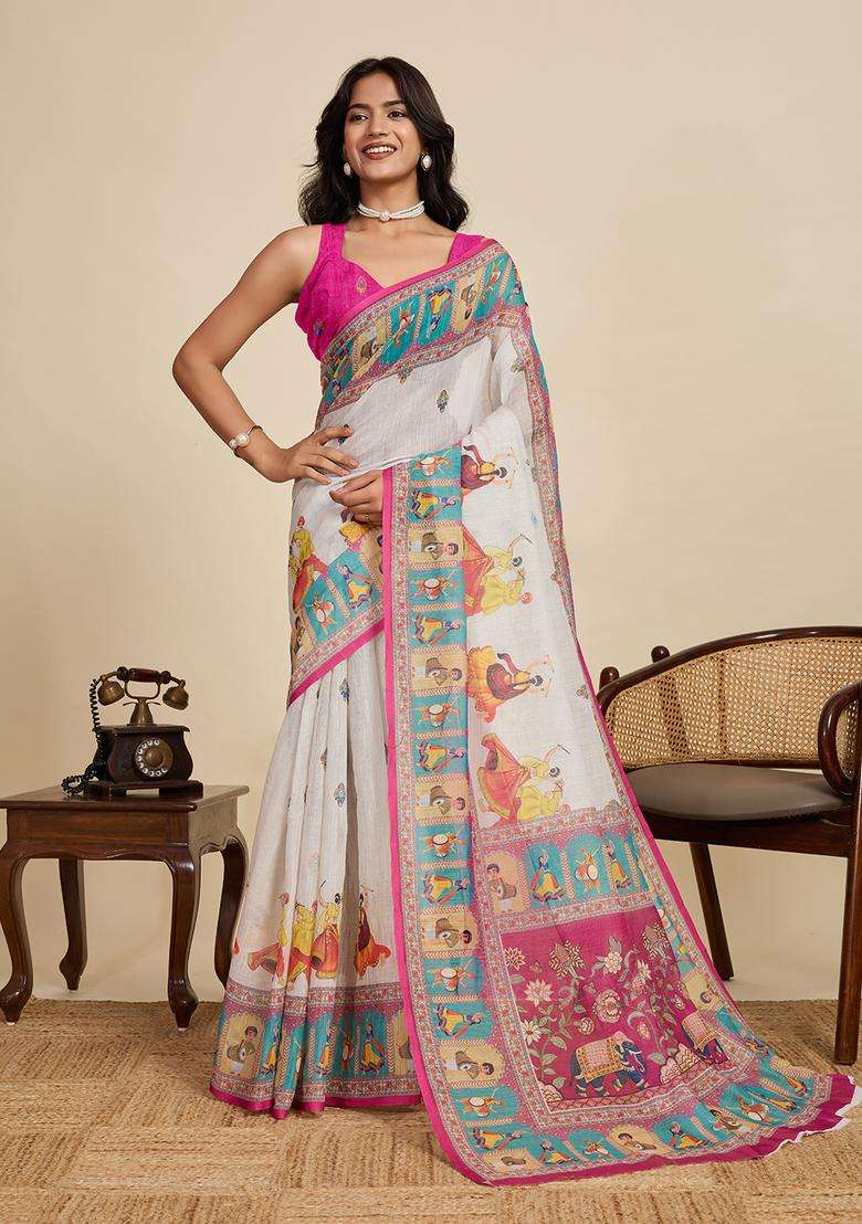 Pink Zari Work Poly Blended Saree Set - Indya