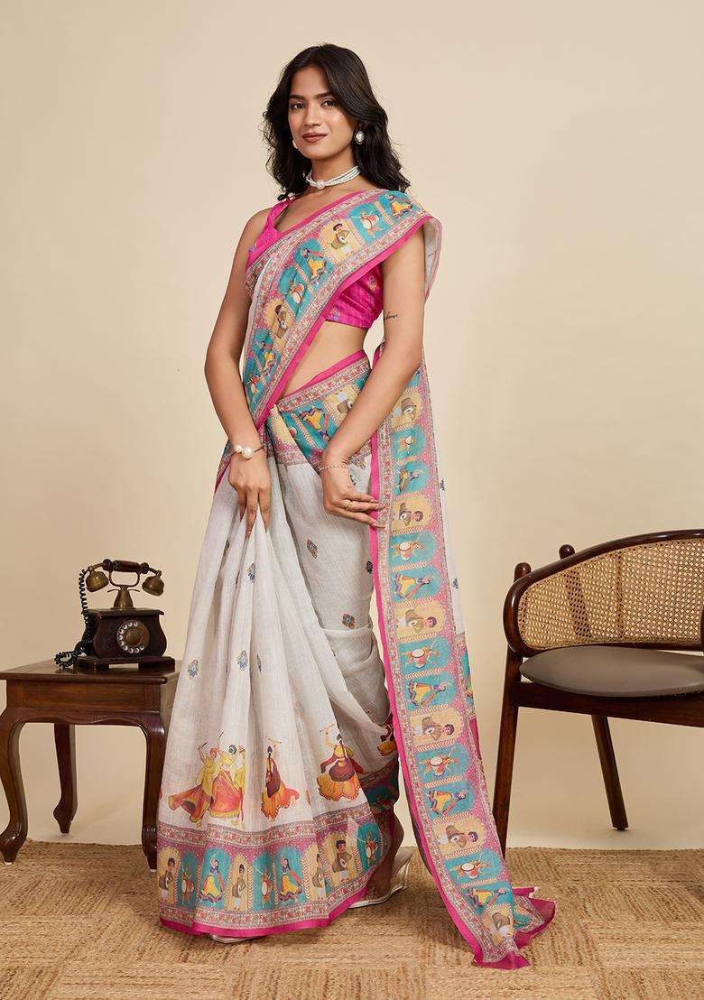 Pink Zari Work Poly Blended Saree Set - Indya