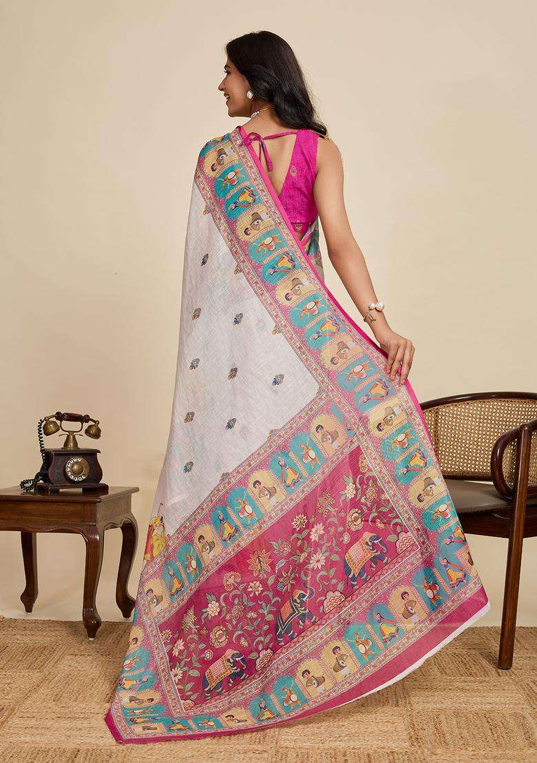 Pink Zari Work Poly Blended Saree Set - Indya