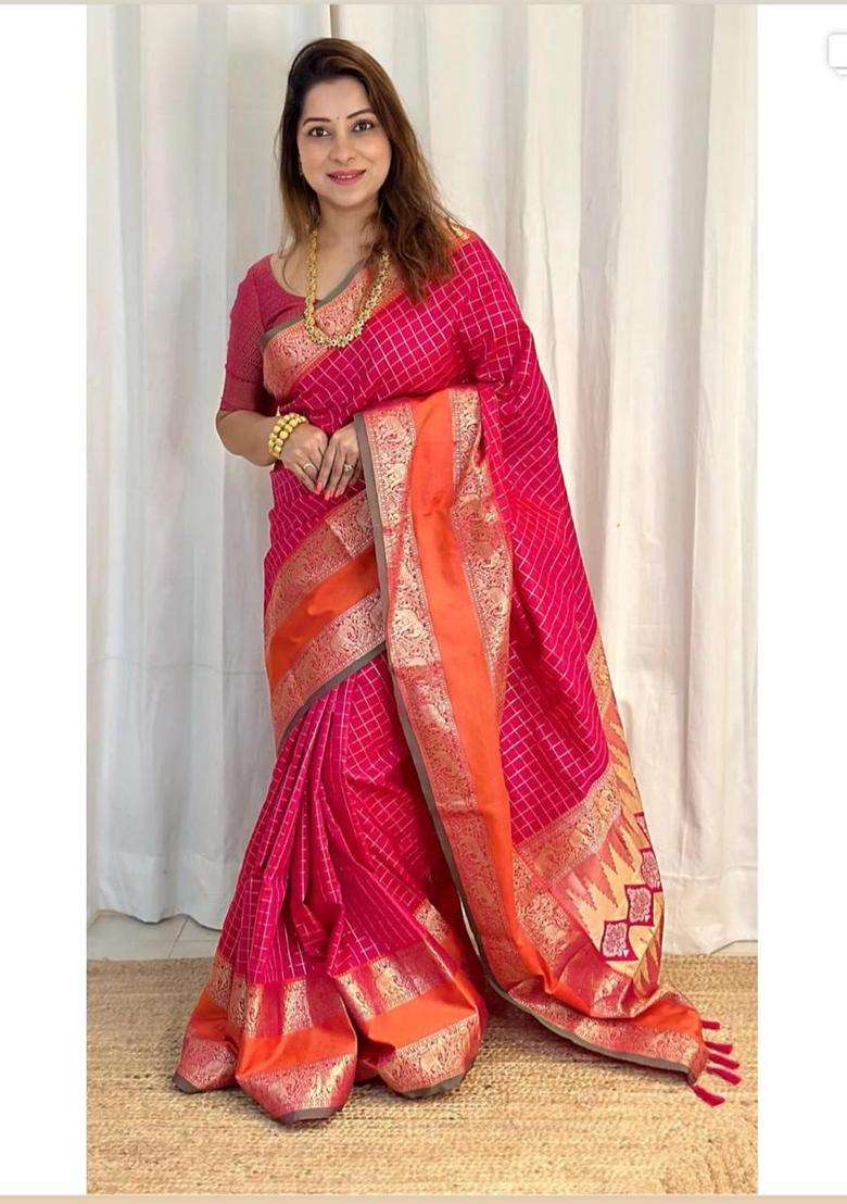 Pink Zari Work Poly Blended Saree Set for Diwali and Festive Wear - Indya