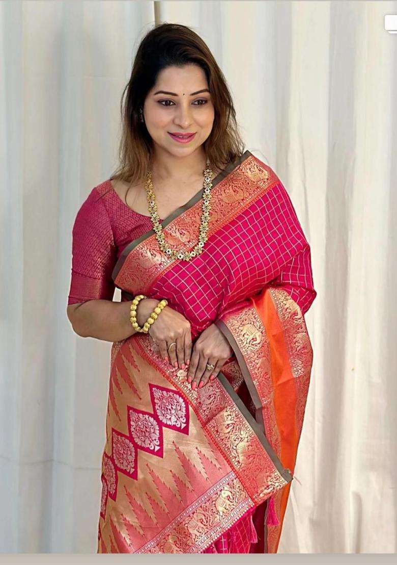 Pink Zari Work Poly Blended Saree Set for Diwali and Festive Wear - Indya