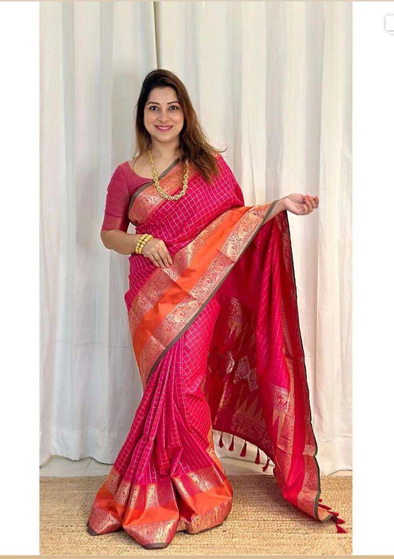 Pink Zari Work Poly Blended Saree Set for Diwali and Festive Wear - Indya