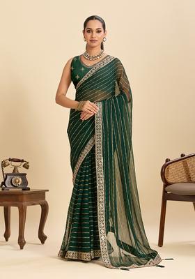 Green Zari Work Poly Blended Saree Set