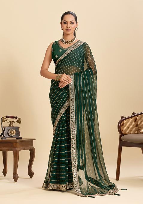 Green Zari Work Poly Blended Saree Set