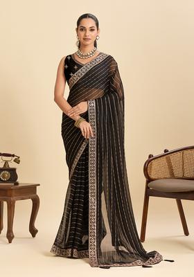 Black Zari Work Poly Blended Saree Set