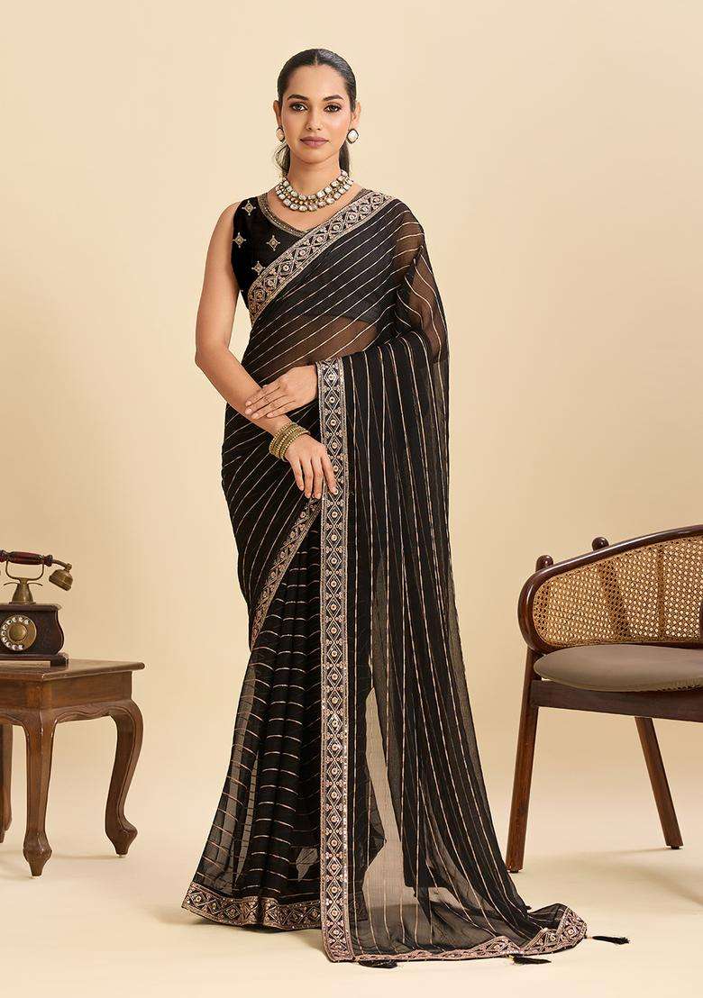 Black Zari Work Poly Blended Saree Set - Indya