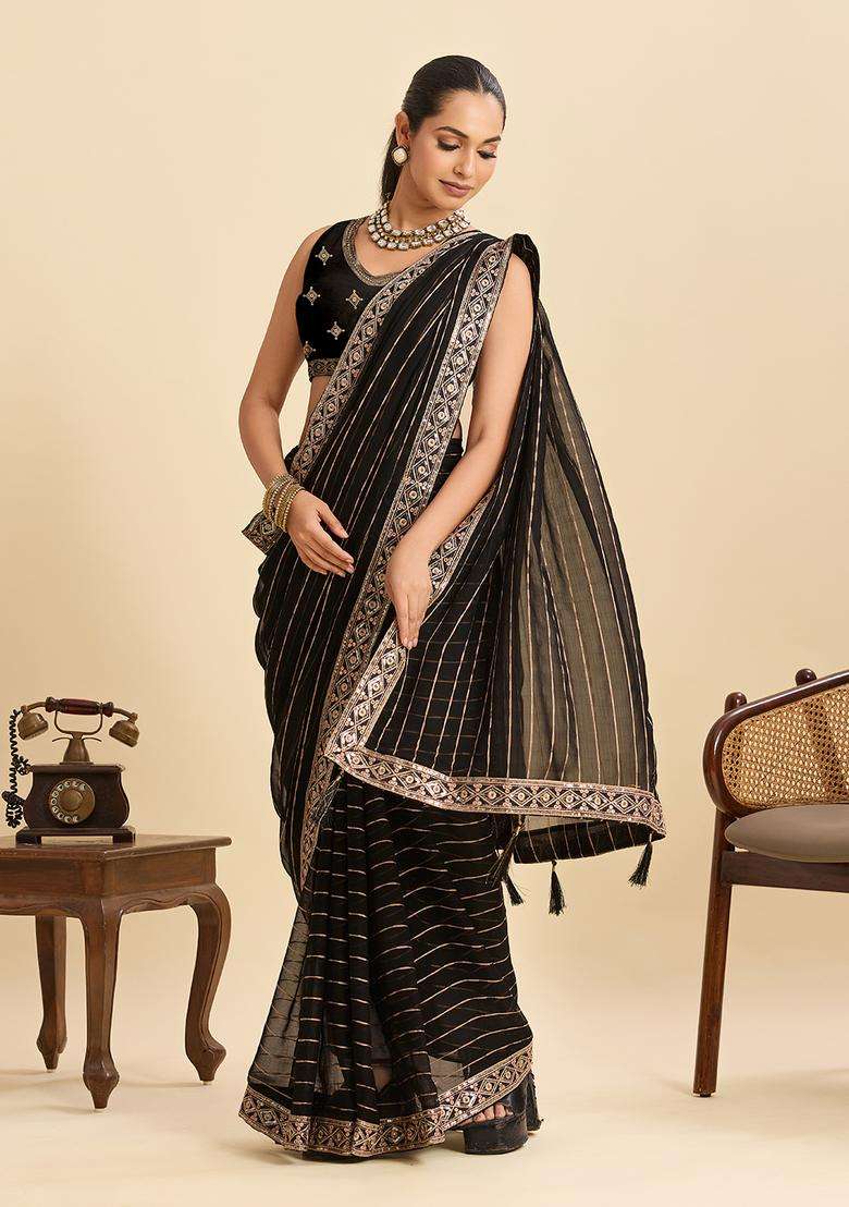 Black Zari Work Poly Blended Saree Set - Indya