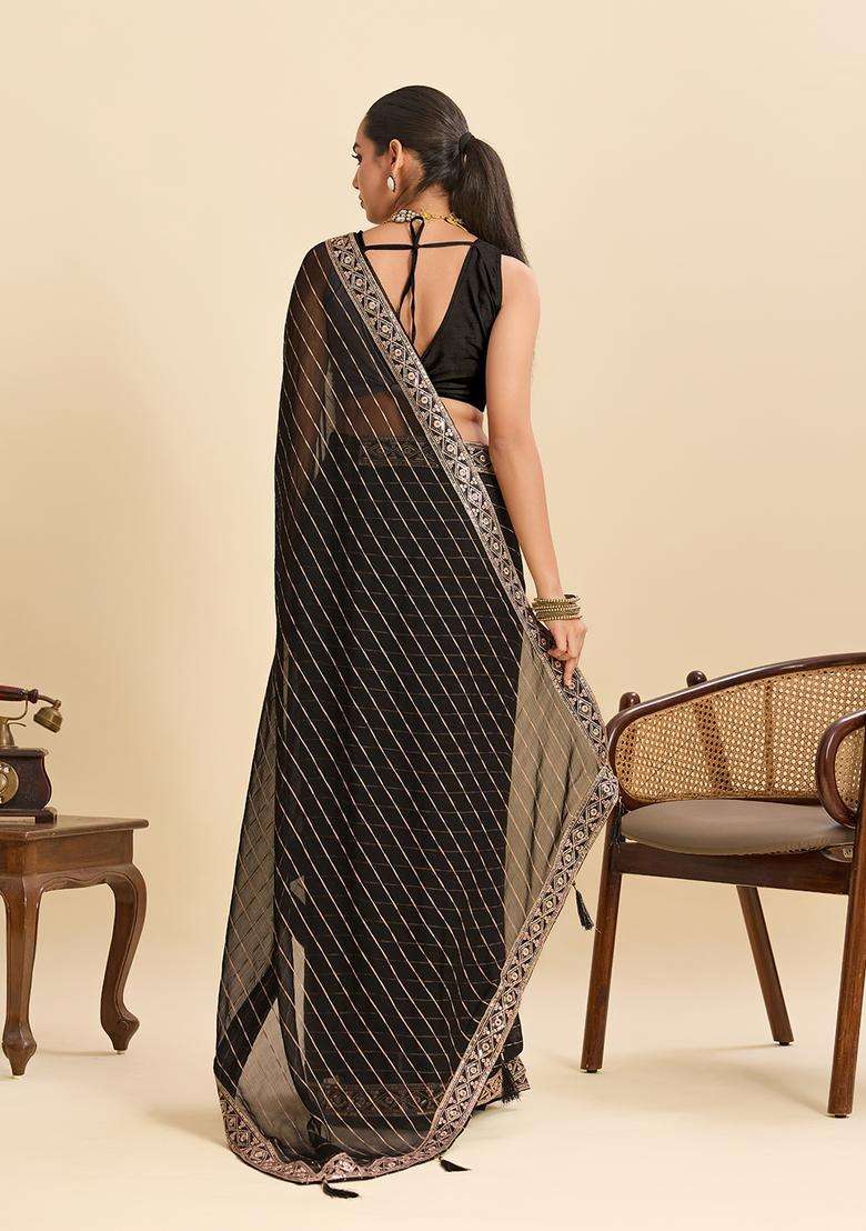 Black Zari Work Poly Blended Saree Set - Indya