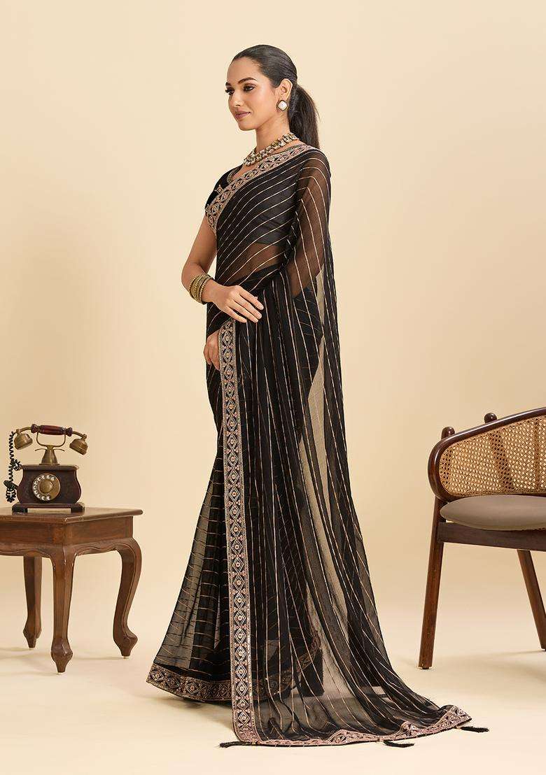 Black Zari Work Poly Blended Saree Set - Indya