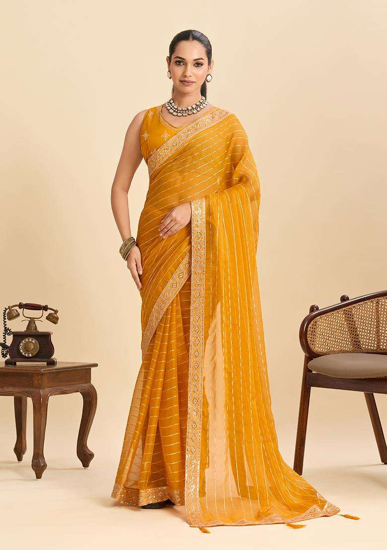 orange Zari Work Poly Blended Saree Set - Indya
