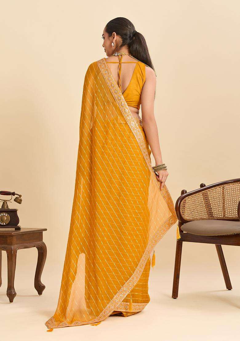 orange Zari Work Poly Blended Saree Set - Indya