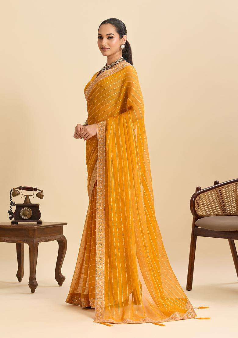 orange Zari Work Poly Blended Saree Set - Indya