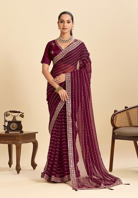 maroon Zari Work Poly Blended Saree Set