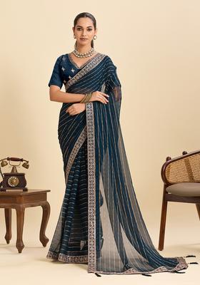 Blue Zari Work Poly Blended Saree Set