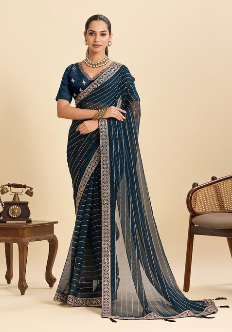 Blue Zari Work Poly Blended Saree Set
