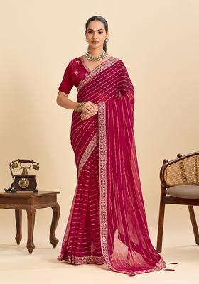 Red Zari Work Poly Blended Saree Set
