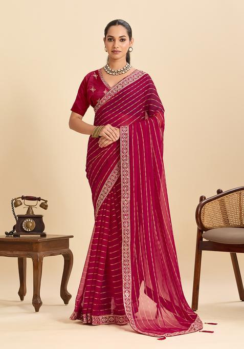 Red Zari Work Poly Blended Saree Set