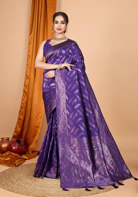 Purple Zari Work Silk Saree Set