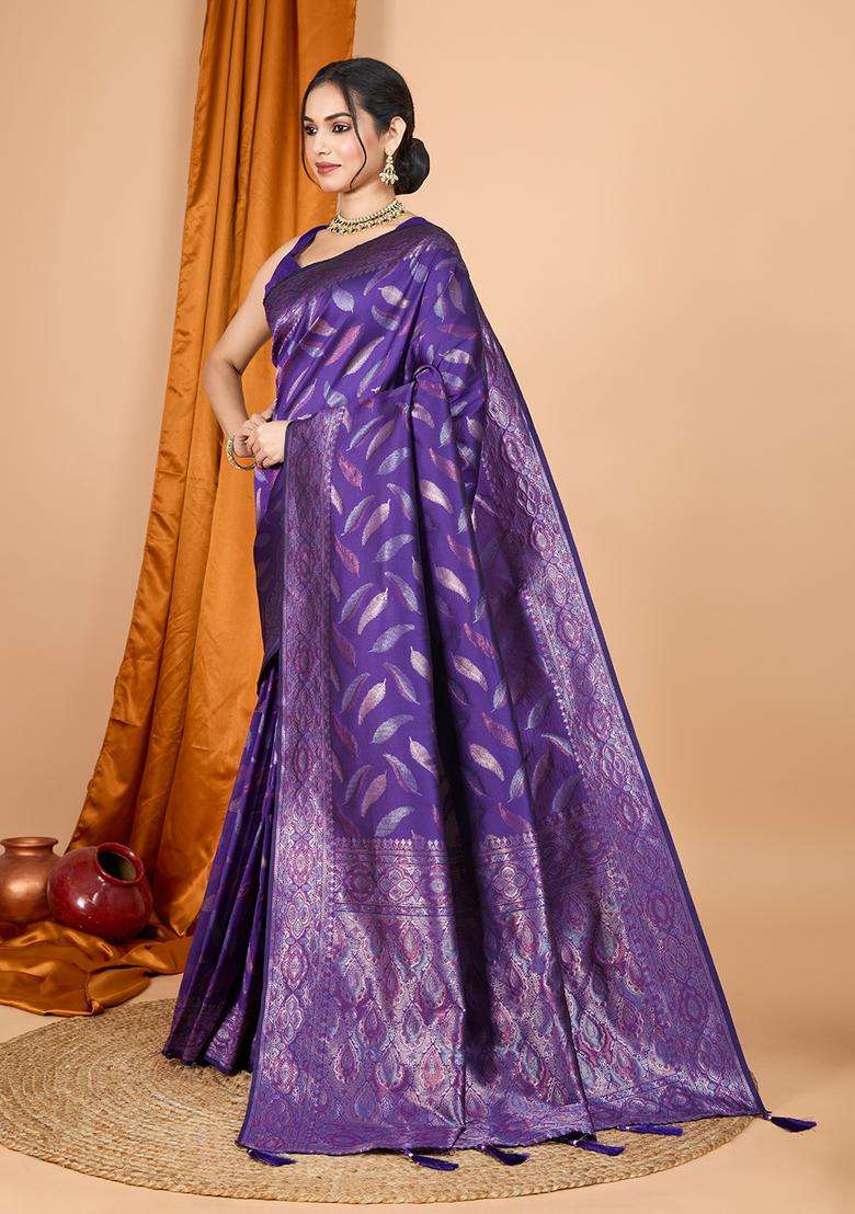 Purple Zari Work Silk Saree Set - Indya
