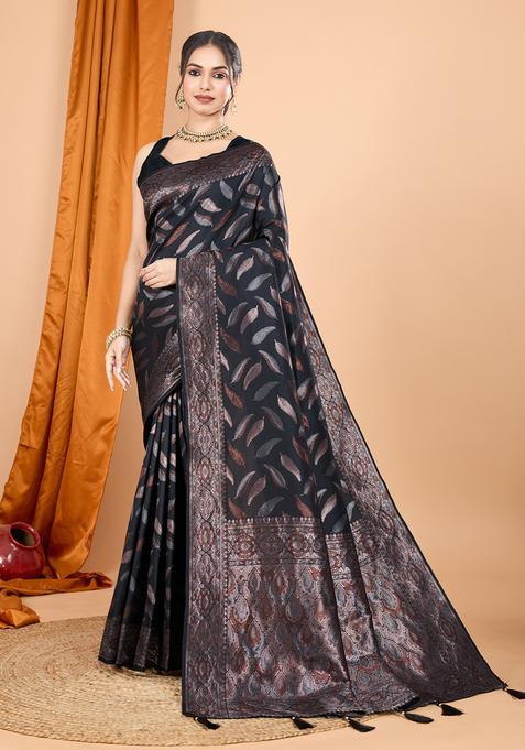 BLACK Zari Work Silk Saree Set