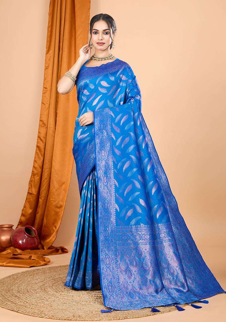 DARK BLUE Zari Work Silk Saree Set - Indya