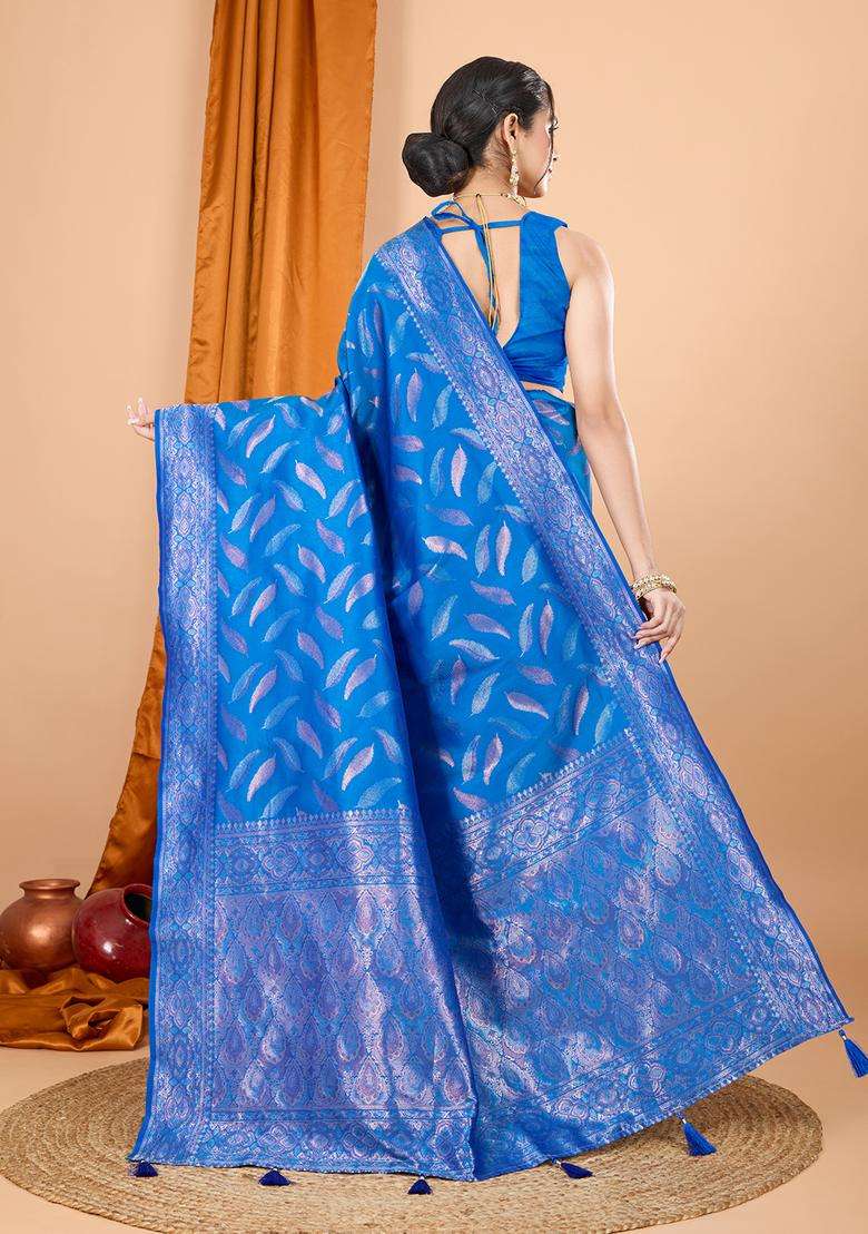 DARK BLUE Zari Work Silk Saree Set - Indya