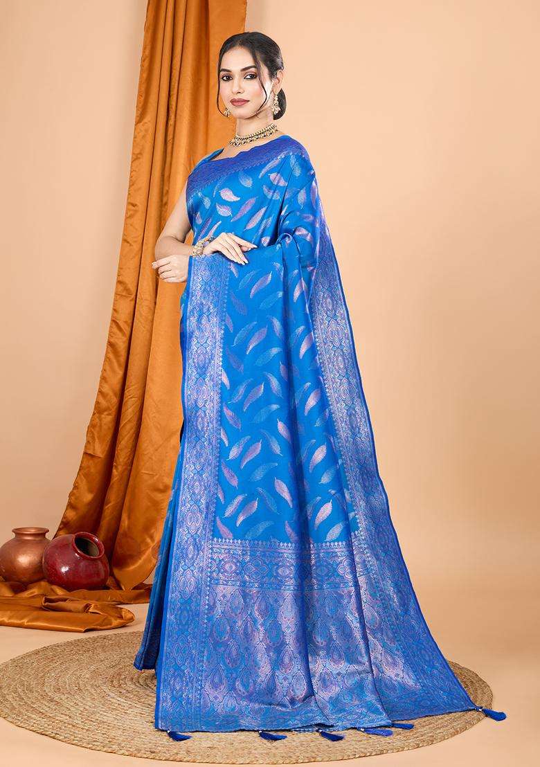 DARK BLUE Zari Work Silk Saree Set - Indya
