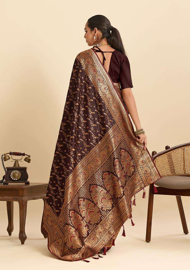 COFFEE Zari Work Silk Saree Set - Indya