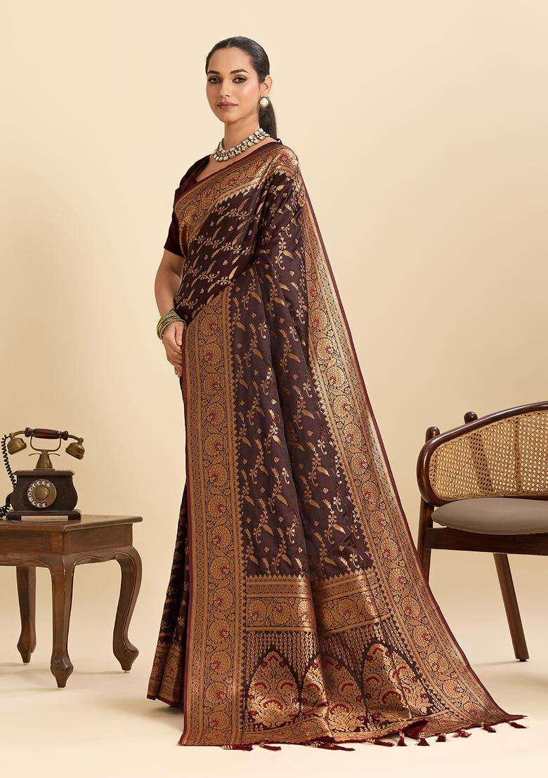 COFFEE Zari Work Silk Saree Set - Indya