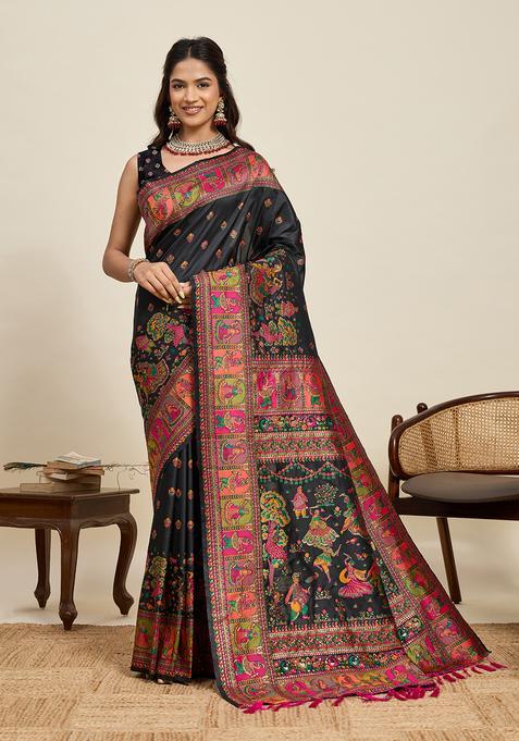 BLACK Zari Work Silk Saree Set