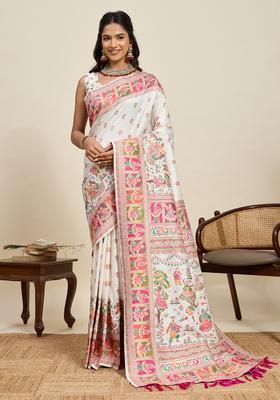 WHITE Zari Work Silk Saree Set