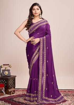 Purple Embroidery Silk Saree Set