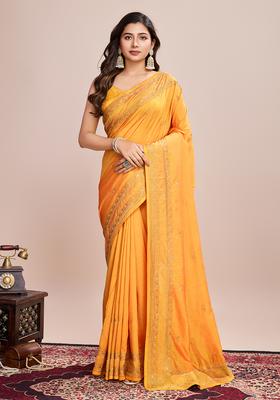 YELLOW Embroidery Silk Saree Set