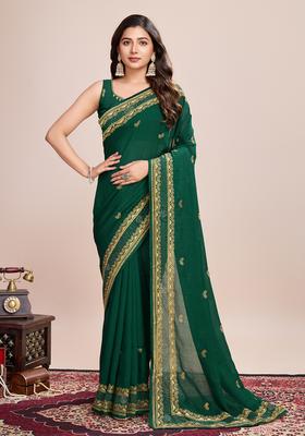 Green Embroidery Silk Saree Set