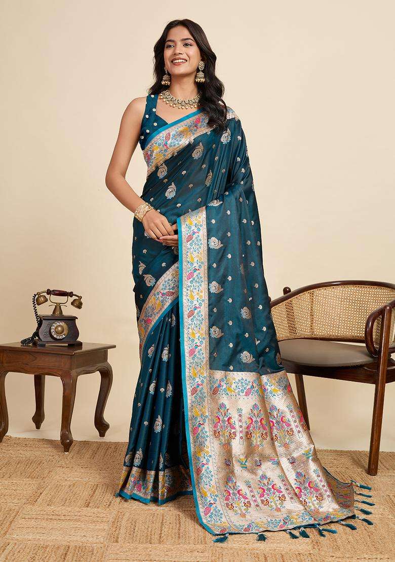 RAMA Zari Work Silk Blend Saree Set - Indya