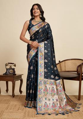 NAVY BLUE Zari Work Silk Saree Set