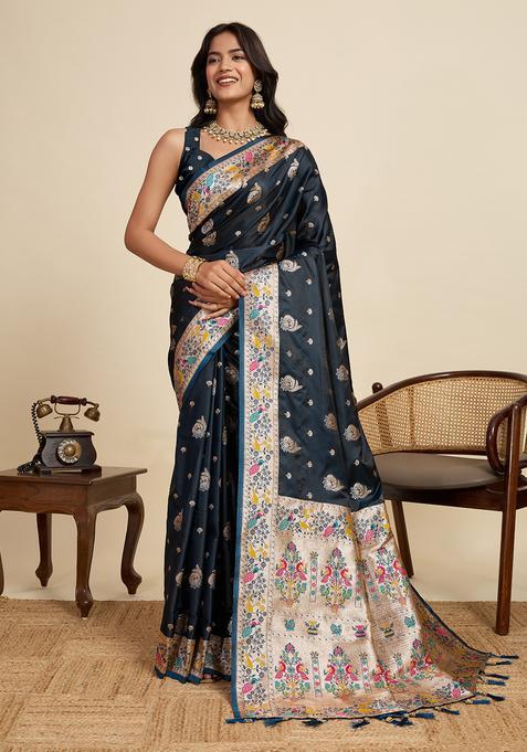 NAVY BLUE Zari Work Silk Saree Set