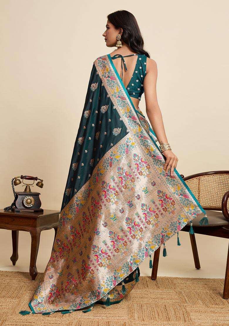 BLUE Zari Work Silk Blend Saree Set - Indya