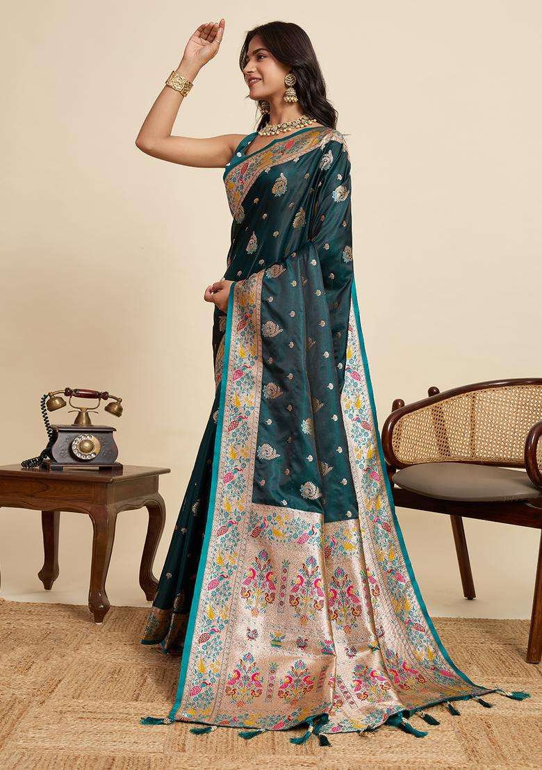 BLUE Zari Work Silk Blend Saree Set - Indya